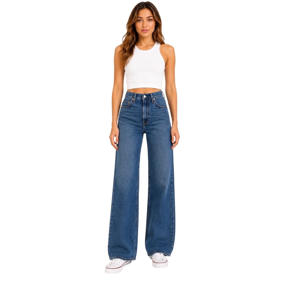 Levis Ribcage Wide Leg Jeans High Rise Medium Wash Blue Denim W26 - Picture 1 of 9